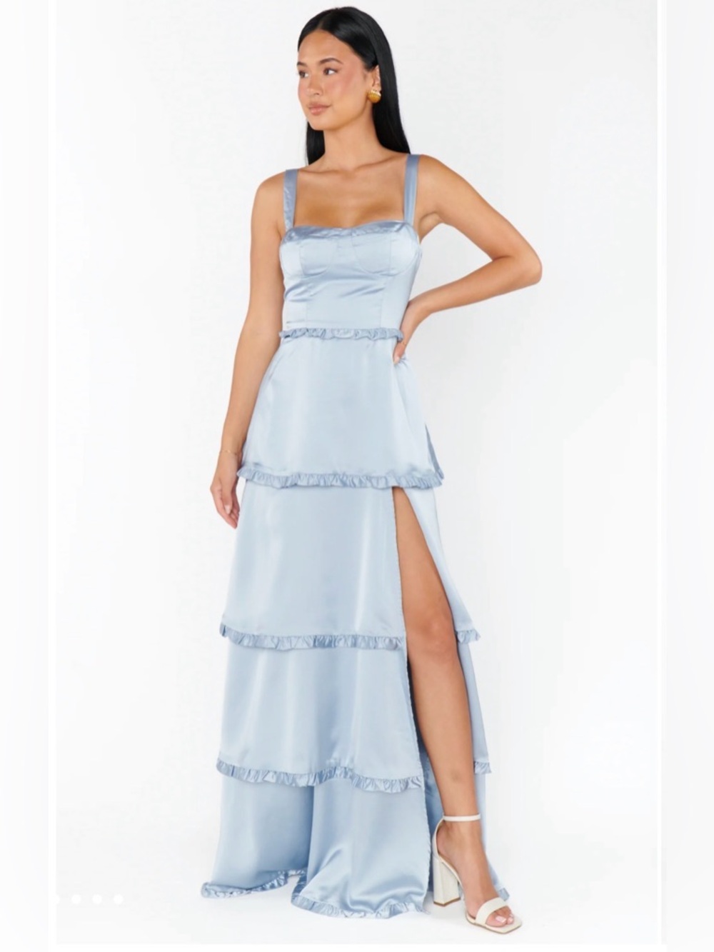 Show Me Your MUMU Lady Corset Dress Steele Blue Luxe Satin Size XS Tiered